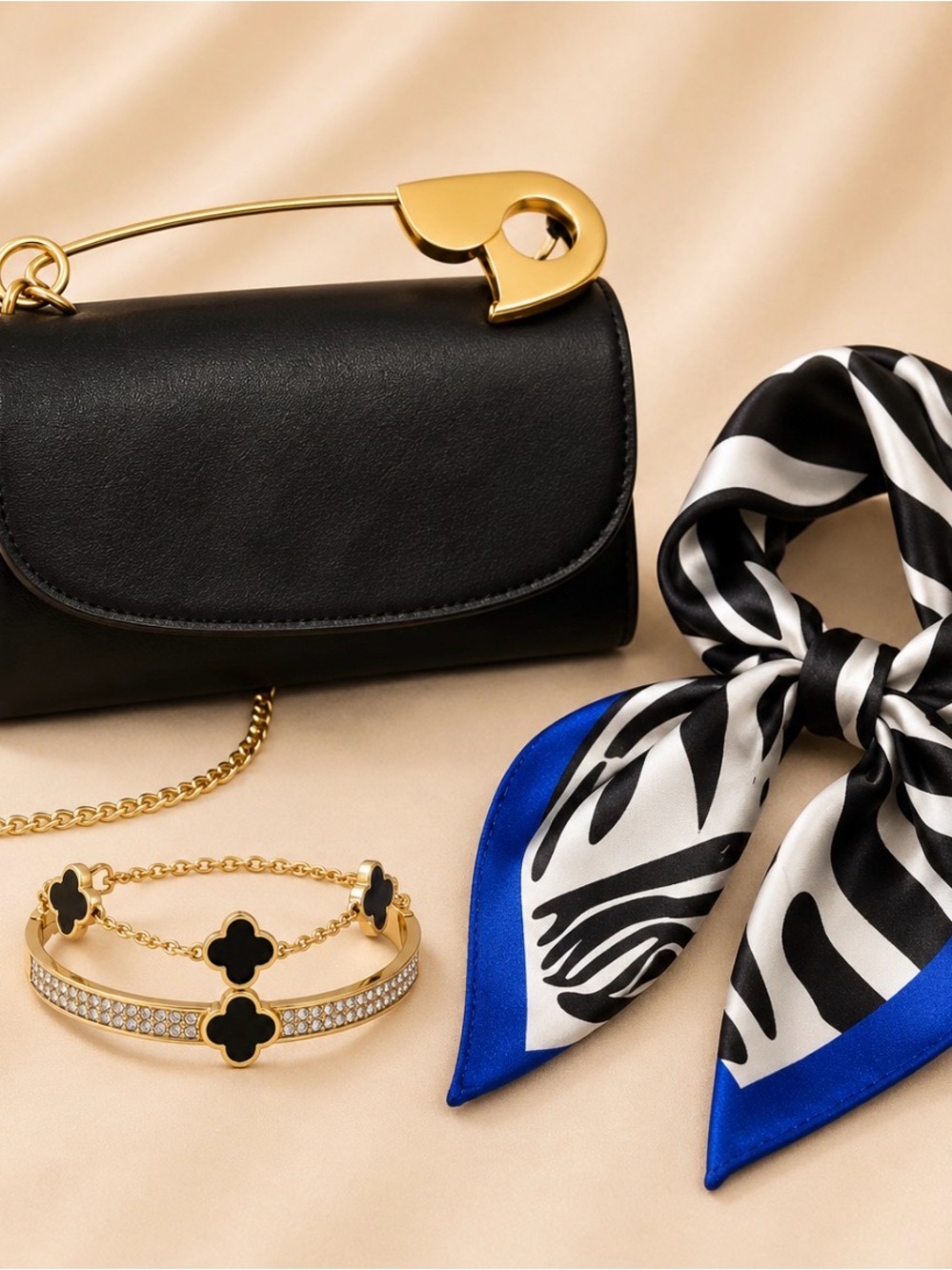 Black & Blue Chic 3-Piece Accessory Bundle – Handbag, Scarf & Bracelet